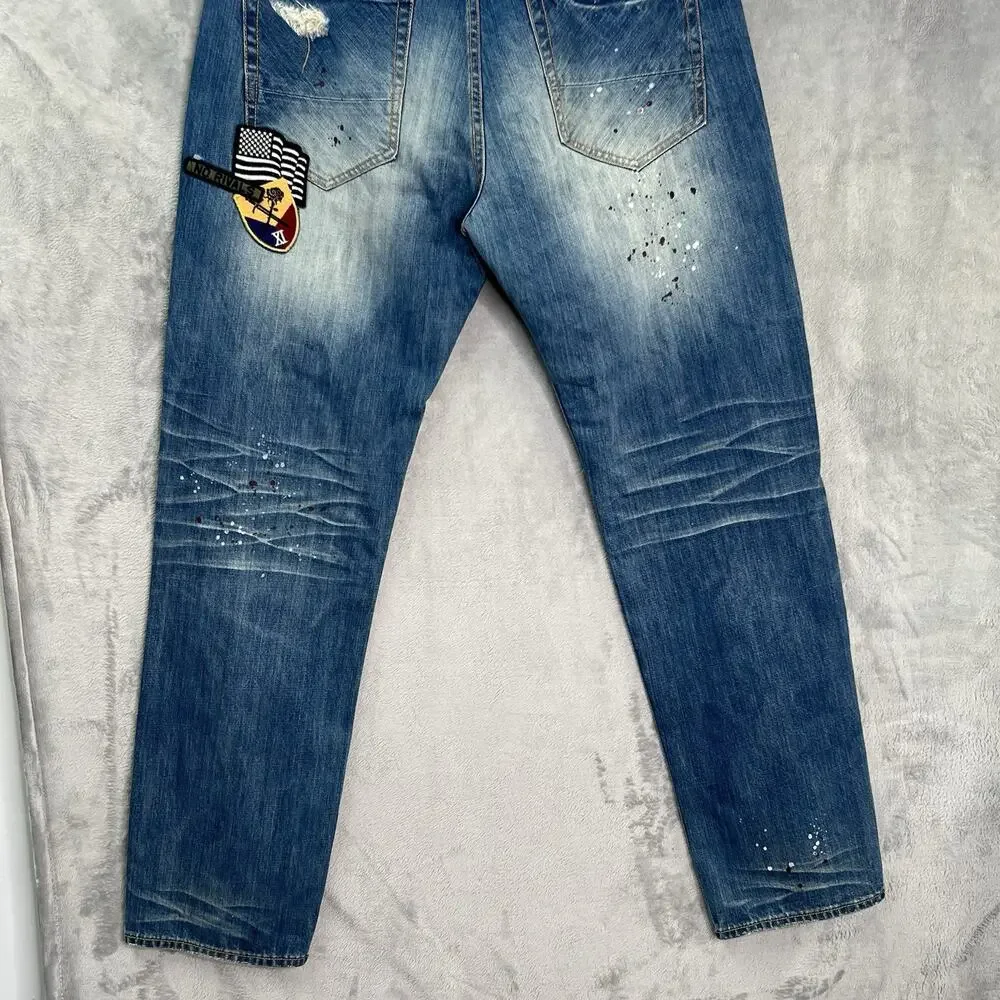 AKOO Jeans Mens 40/34 Blue Paint Splatter Distressed No Rivals Patch Big Oak Fit